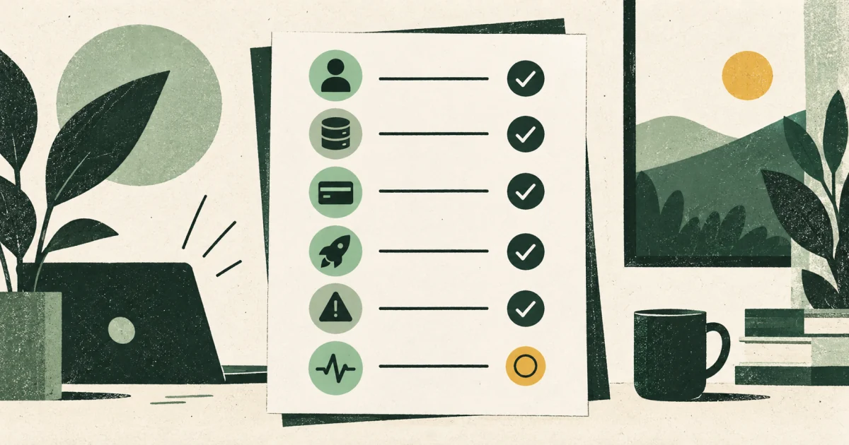 Editorial illustration of a pre-launch checklist covering identity, data, payments, deployment, and monitoring.