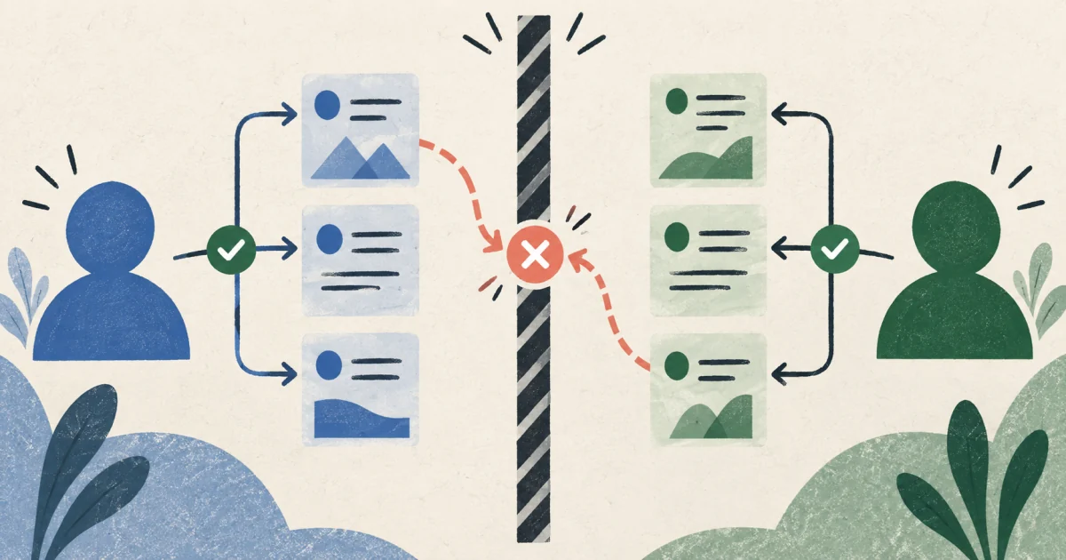 Editorial illustration of two users separated so each can reach only their own database records.