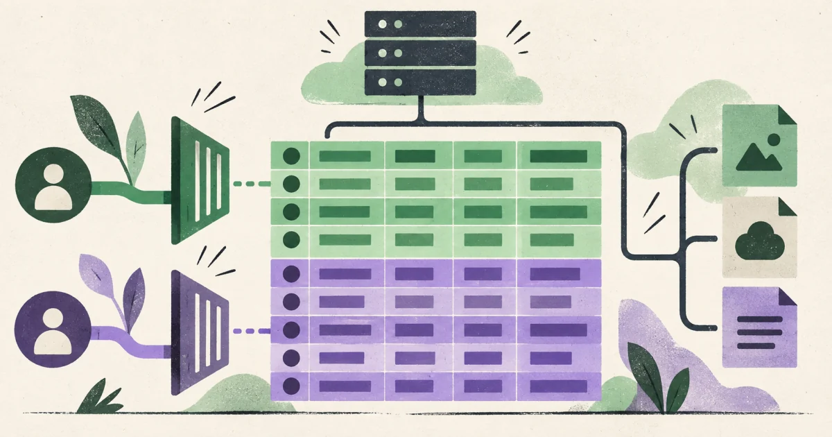 Editorial illustration of row-level policies separating green and violet tenant data.