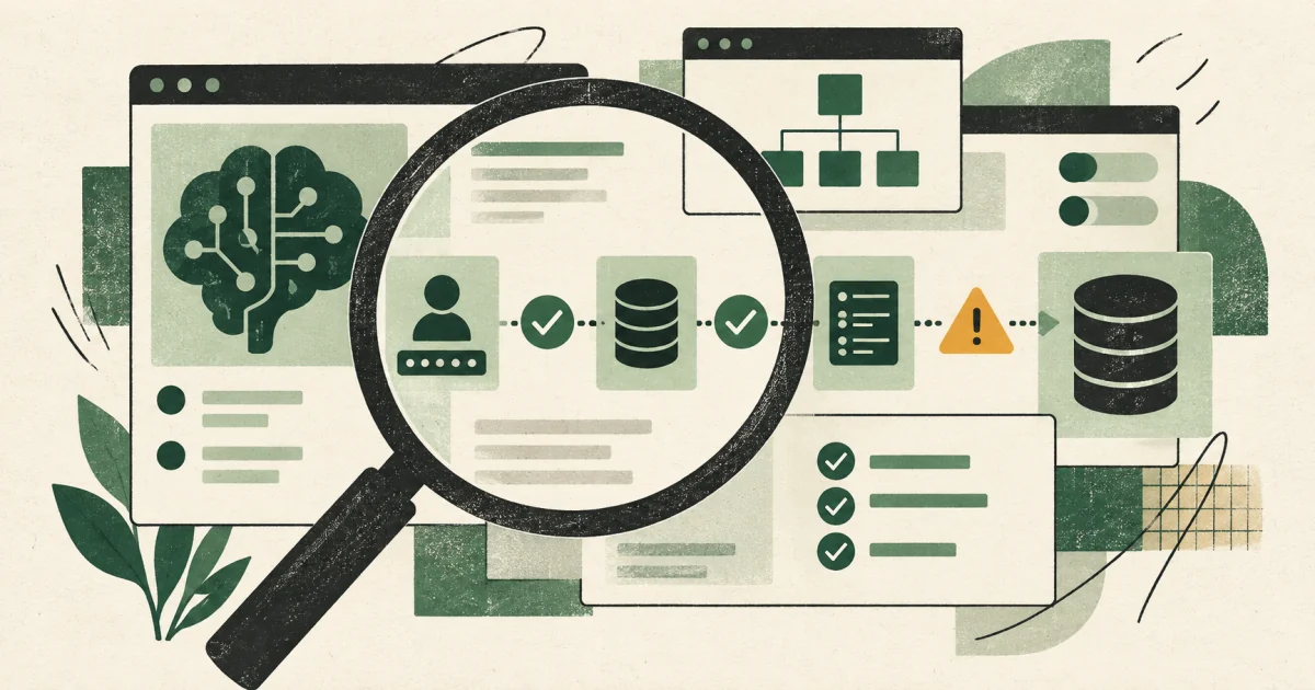 Editorial illustration of an AI-built application being inspected across identity, data, payments, and deployment.